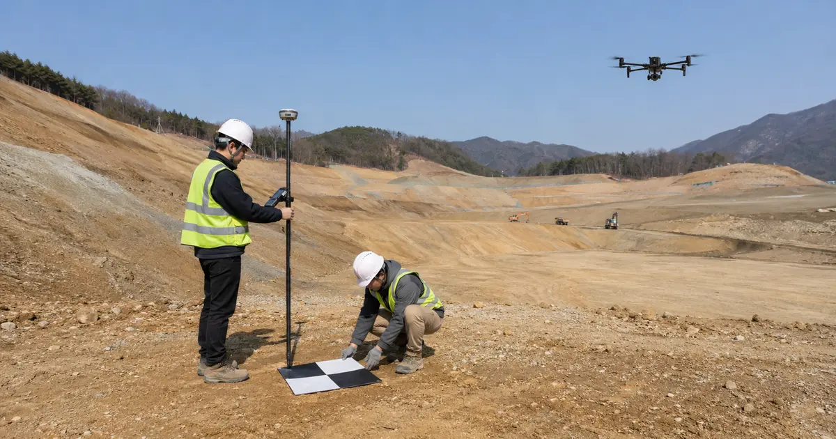 절토·성토 현장에서 RTK 측량기로 지상표지를 관측하고 상공에서 드론 촬영을 진행하는 모습