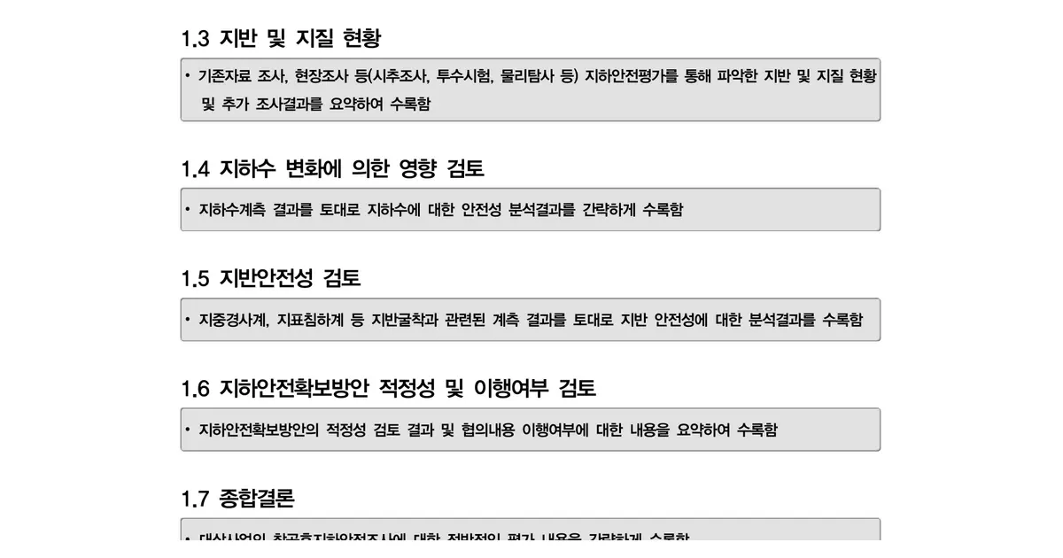 착공후지하안전조사서 표준매뉴얼(2024년판)의 지반·지하수·지반안전성·확보방안 검토항목 원문
