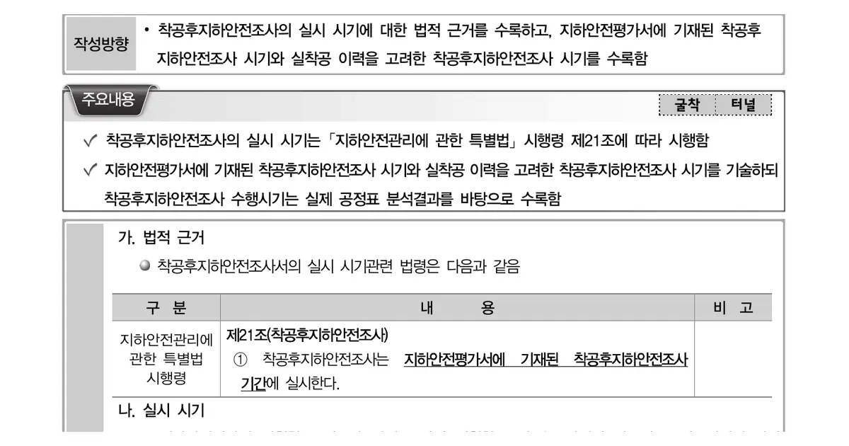 착공후 지하안전조사를 지하안전평가서에 기재된 기간과 실제 공정표를 고려해 실시하도록 정리한 원문