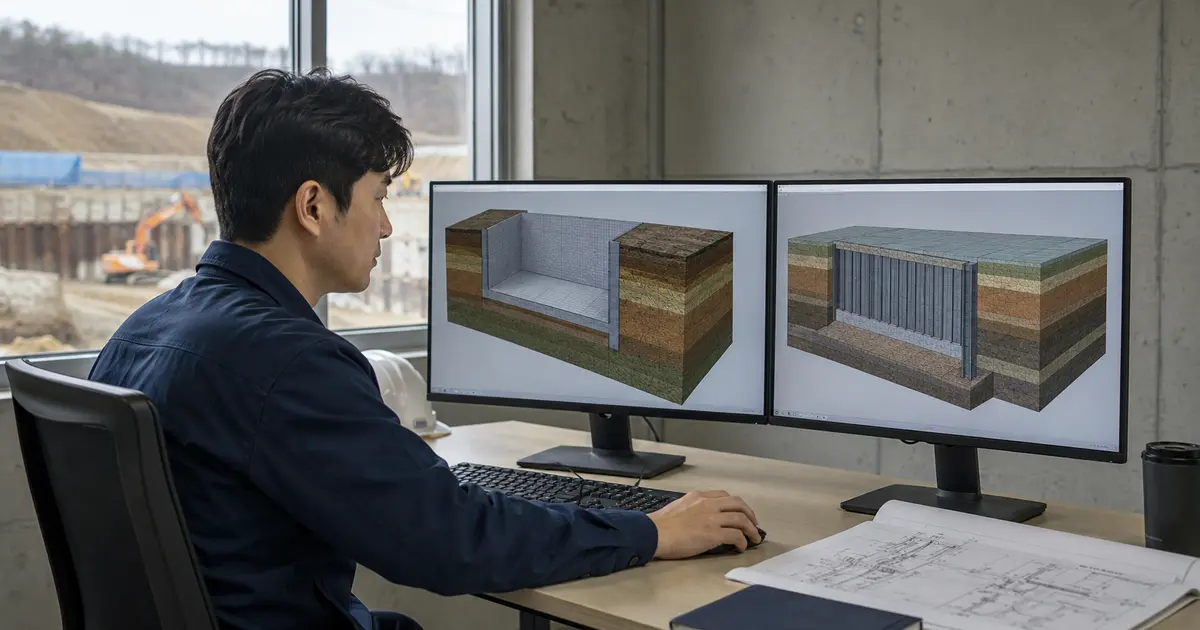 굴착 흙막이와 다층지반 수치해석 모델을 검토하는 기술자